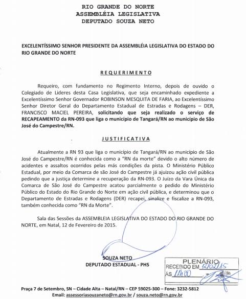Requerimento do deputado Souza pleiteando o benefício