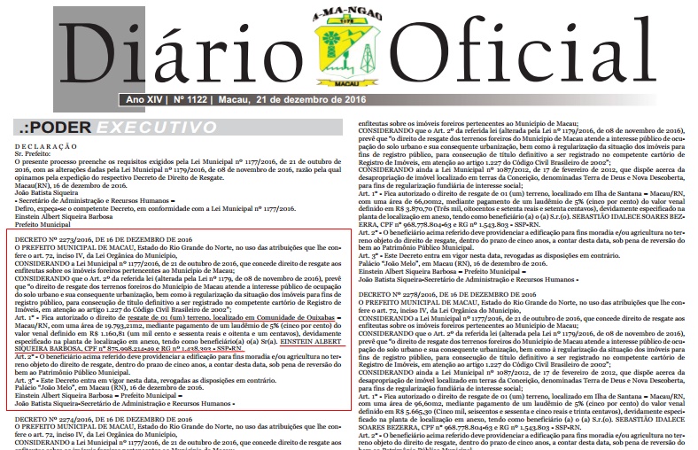 Diário Oficial do Município com a publicação 
